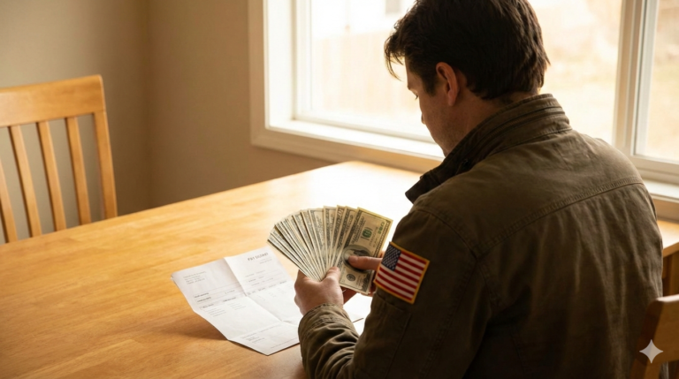 A person reviewing a paystub and holding cash with a US flag patch on their sleeve